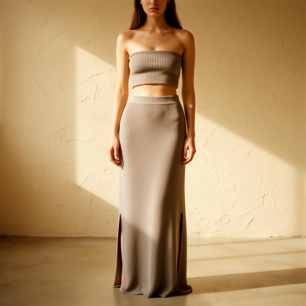 INTESSIUM Lumière ribbed knit set in stone grey — front view